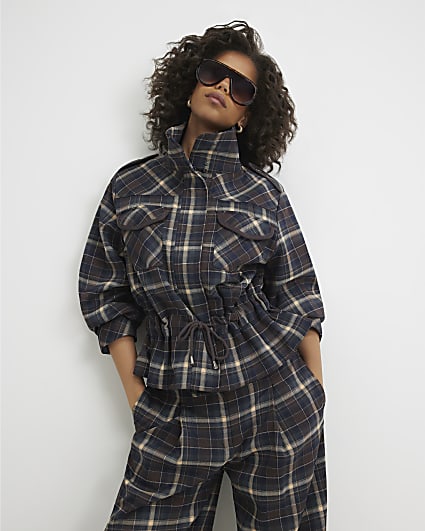 Blue Check Faux Fur Collar Parka Jacket