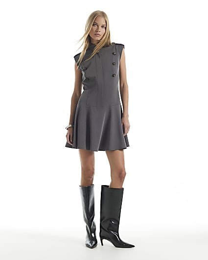 Grey Button Detail Military Mini Dress
