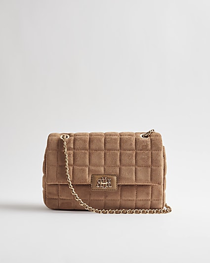 Brown Faux Suede Quilted Shoulder Bag