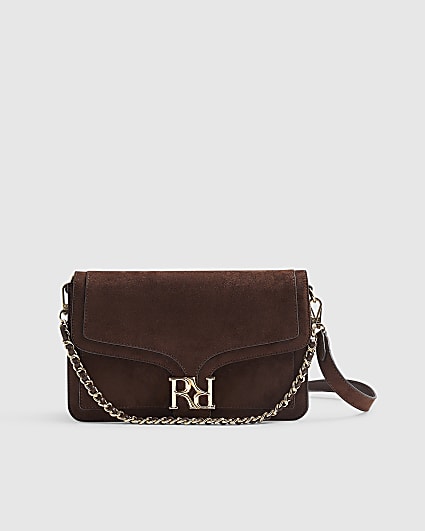 Brown Faux Suede RR Flap Front Shoulder Bag