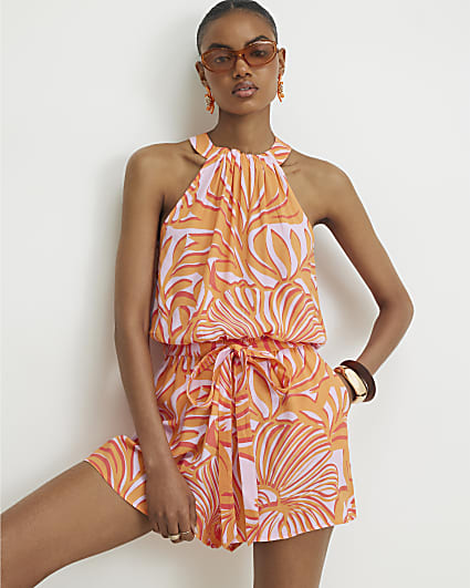 Orange Leaf Print Halter Neck Playsuit