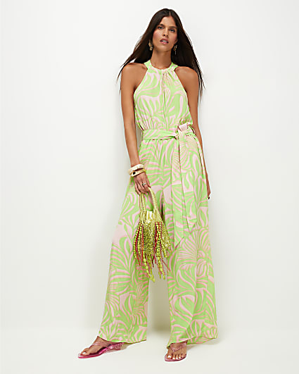 Green Leaf Print Halter Neck Jumpsuit
