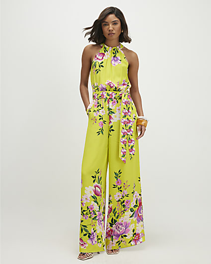 Green Floral Print Halter Neck Jumpsuit