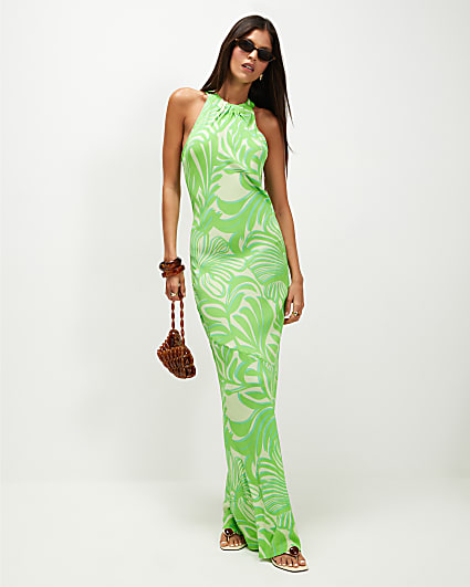 Green Leaf Print Halter Neck Maxi Dress