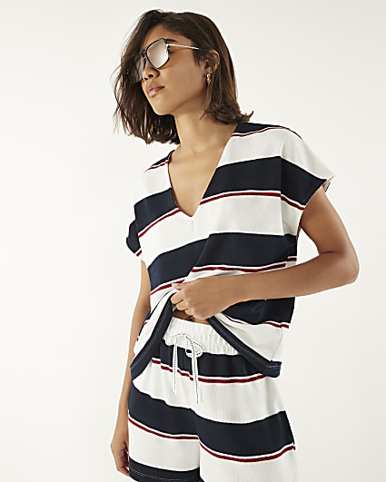 Navy Striped Textured V Neck T-shirt