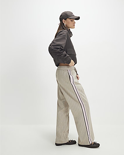 Beige Striped Tailored Wide Leg Joggers