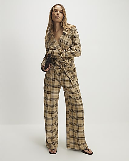 Beige Check Wide Leg Trousers