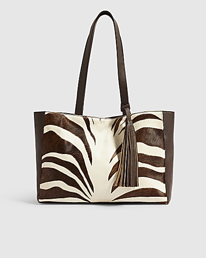 Brown Animal Print Hair On Leather Tote Bag
