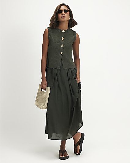 Khaki 2 in 1 Knit Jumper Midi Dress
