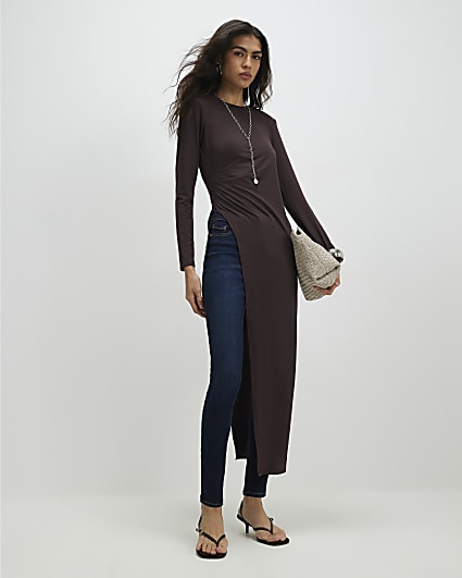 Brown Shoulder Padded Longline Asymmetric Top