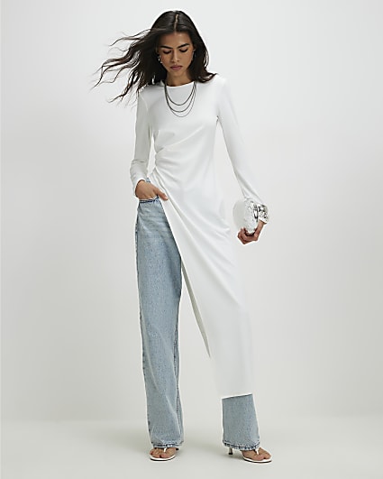 Cream Long Sleeve Longline Asymmetric Top