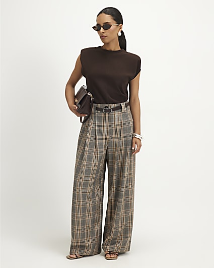 Petite Grey Belted Check Wide Leg Trousers