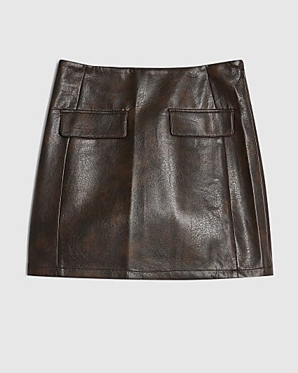 Petite Brown Washed Faux Leather Mini Skirt