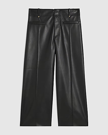 Petite Black Faux Leather Seam Crop Trousers