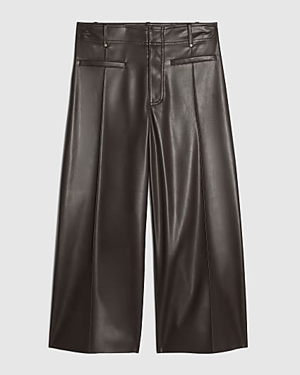 Petite Brown Faux Leather Crop Trousers