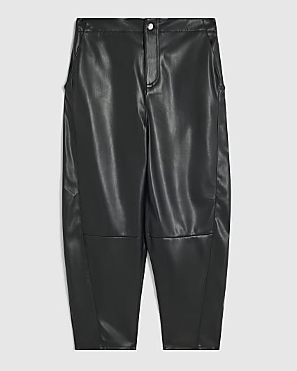 Petite Black Faux Leather Barrel Leg Trousers