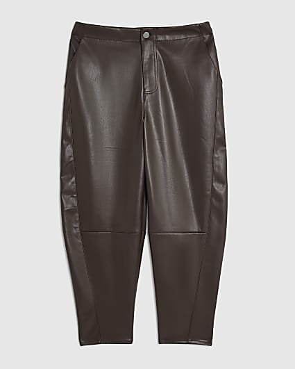 Petite Brown Faux Leather Barrel Leg Trousers