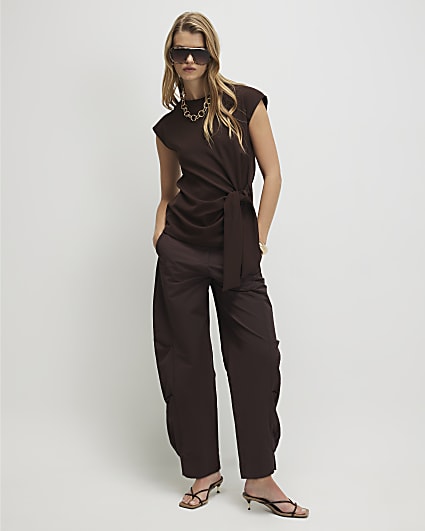 Brown Sleeveless Tie Side Top