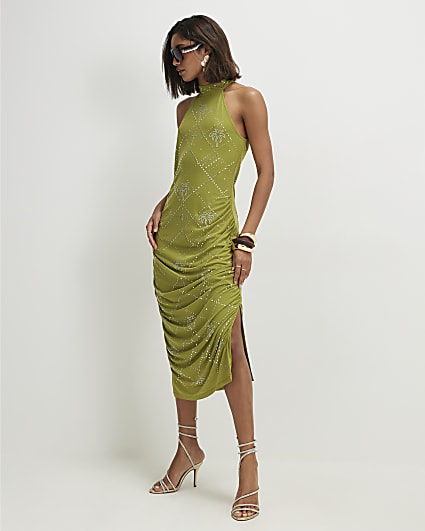 Green Palm Halter Neck Hotfix Midi Dress