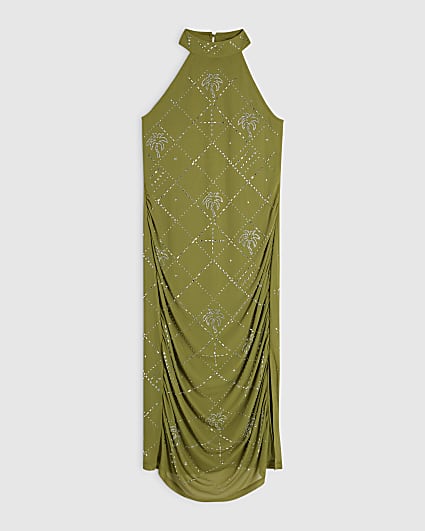 Petite Green Palm Halter Hotfix Midi Dress