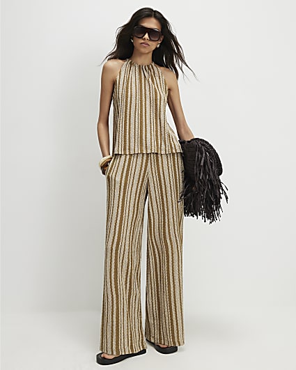 Green Striped Textured Wide Leg Trousers