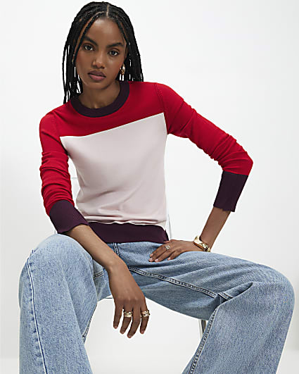 Pink Colour Blocked Knit Top