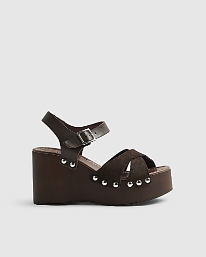Brown Suede Clog Wedge Sandals