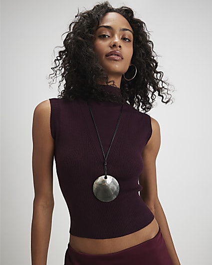 Red Knitted Ribbed High Neck Top