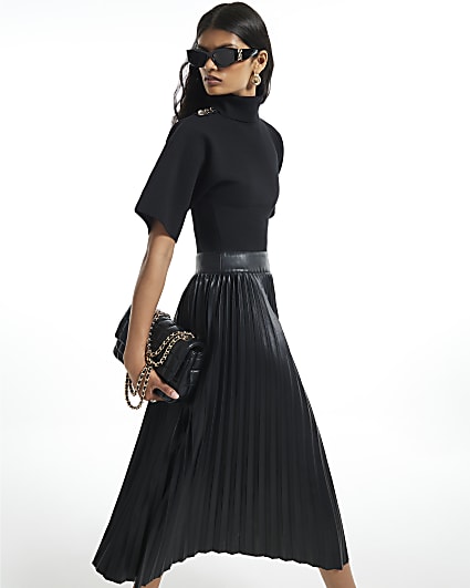 Black Pleat Hem Midi Dress