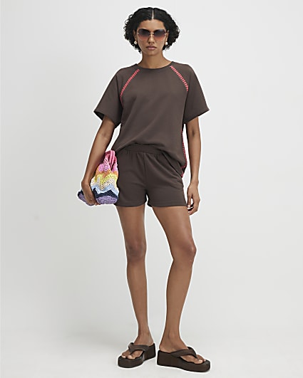 Brown Cotton Blend Whipstitch Trim Shorts
