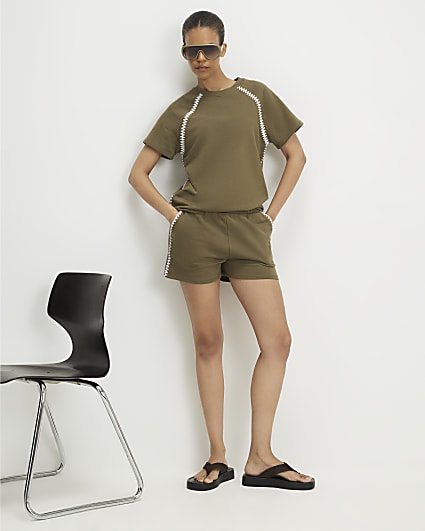 Khaki Cotton Blend Whipstitch Trim Shorts