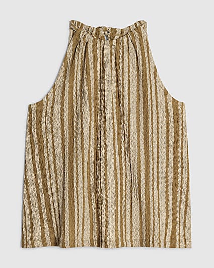 Petite Green Stripe Textured Halter Top