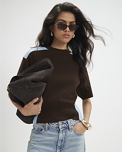 Brown Knitted Short Sleeve Top