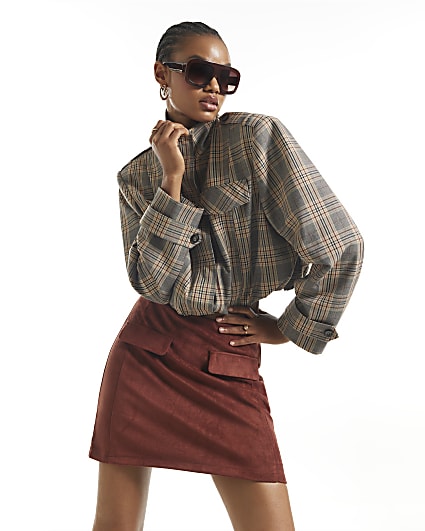 Brown Faux Suede Pocket Detail Mini Skirt
