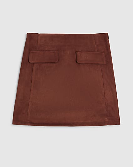 Petite Brown Faux Suede Pocket Skirt