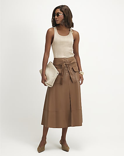 Brown Faux Leather Belted Utility Midi Skirt