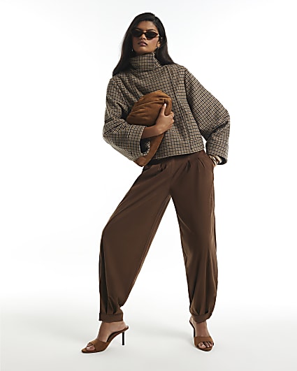 Brown Faux Suede Cuffed Barrel Leg Trousers
