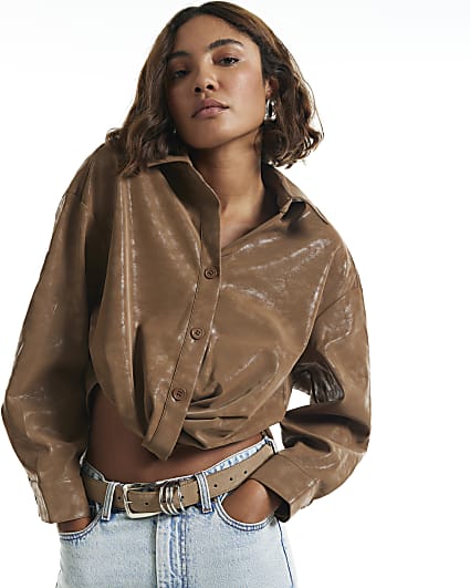Brown Faux Leather Hammered Twist Front Shirt
