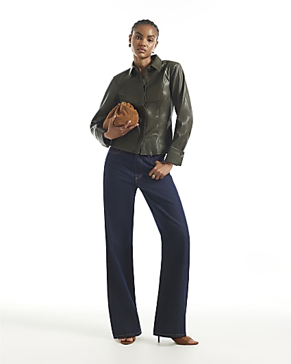 Khaki Faux Leather Fitted Lace Up Shirt