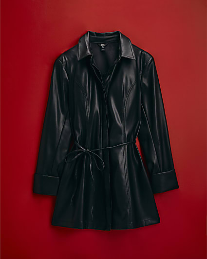Black Faux Leather Fitted Belted Mini Dress