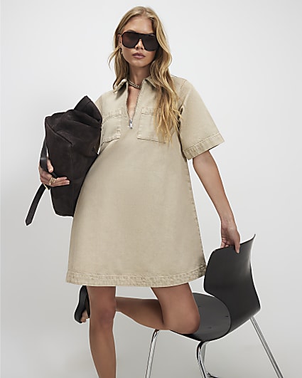 Beige Denim Zip Front Dress