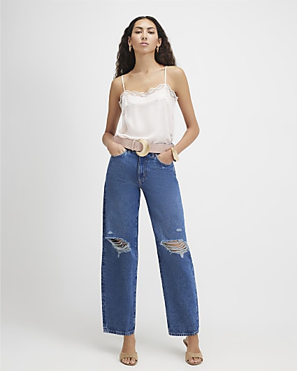 Blue Ripped Barrel Leg Jeans