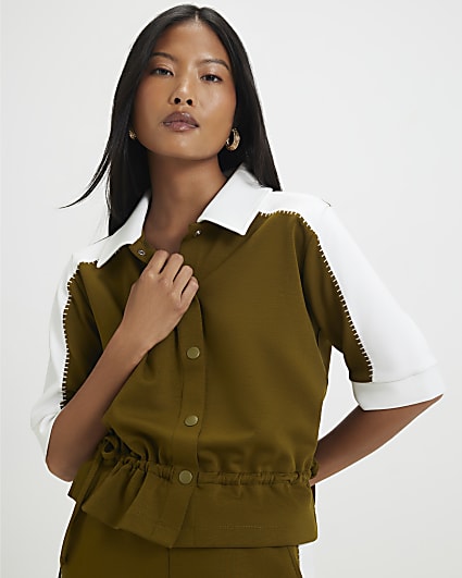 Petite Khaki Premium Blocked Polo Shirt