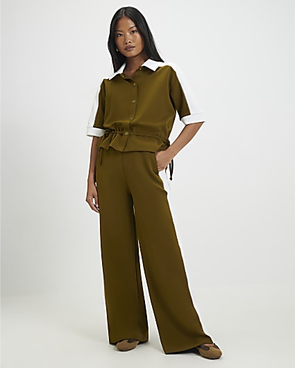 Petite Khaki Premium Blocked Wide Trousers