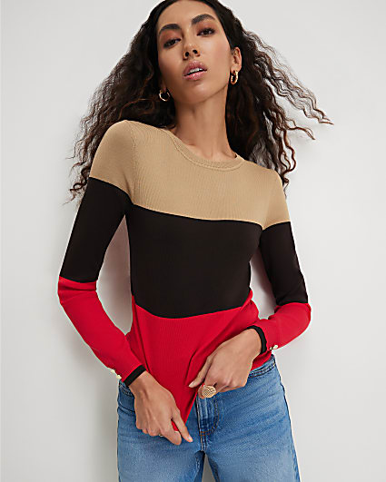Beige Cotton Ribbed Knit Layered Stripe Top