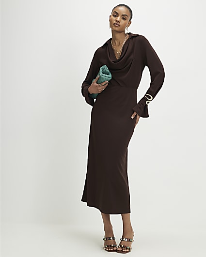 Brown Collared Cowl Neck Midi Dress