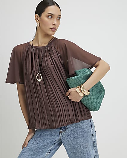 Brown Pleated Hybrid Short Sleeve T-Shirt