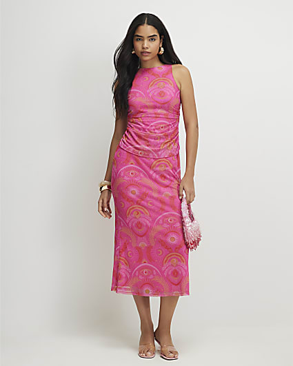 Pink Sleeveless Drape Midi Dress