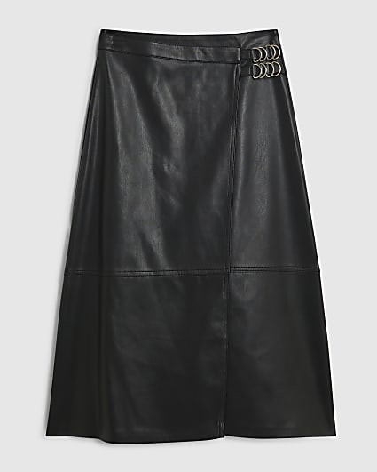 Petite Black Faux Leather Buckle Wrap Skirt