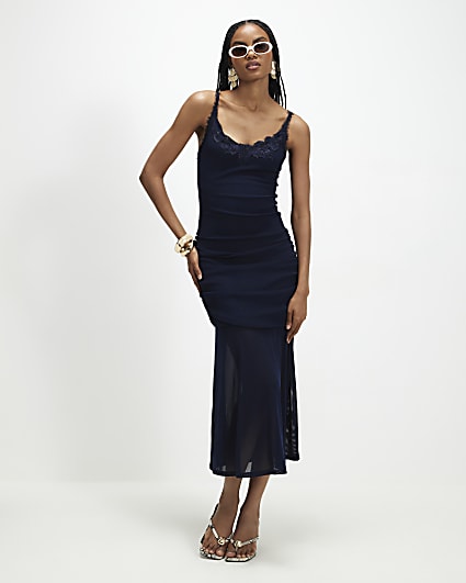 Navy Lace Trim Drape Midi Dress